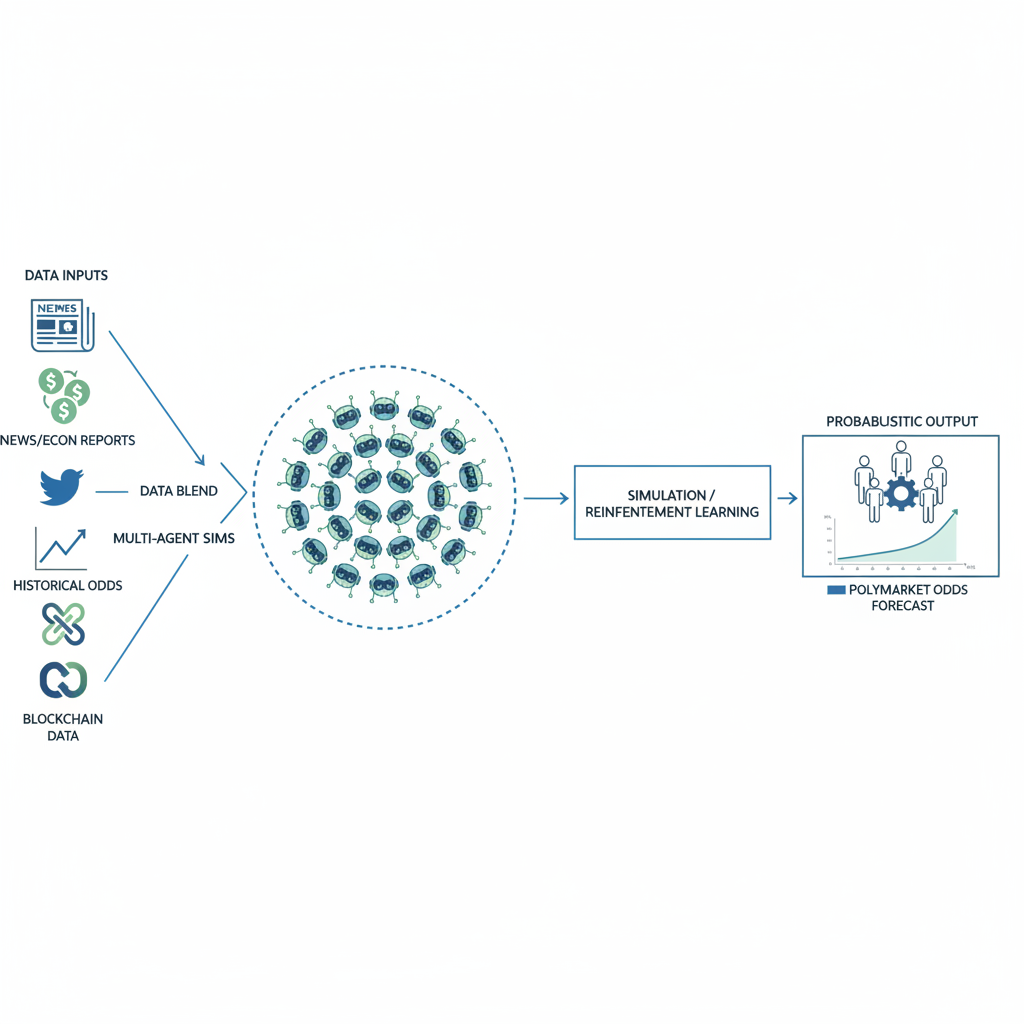 Flowchart diagram illustrating the AI swarm's prediction process from data collection to odds forecasts.