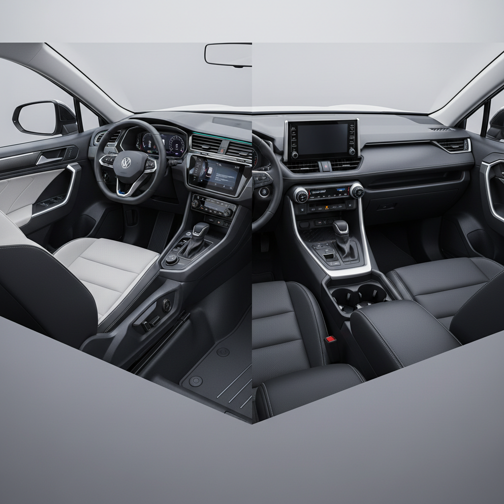 Side-by-side illustration comparing Tiguan R-Line's premium tech-rich interior to RAV4's practical cabin.