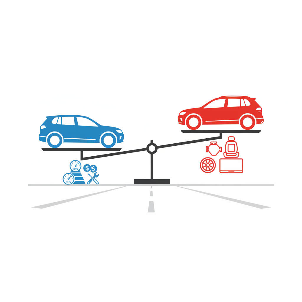 Conceptual balance scale showing RAV4's efficiency/cost advantages vs. Tiguan's performance/luxury value.