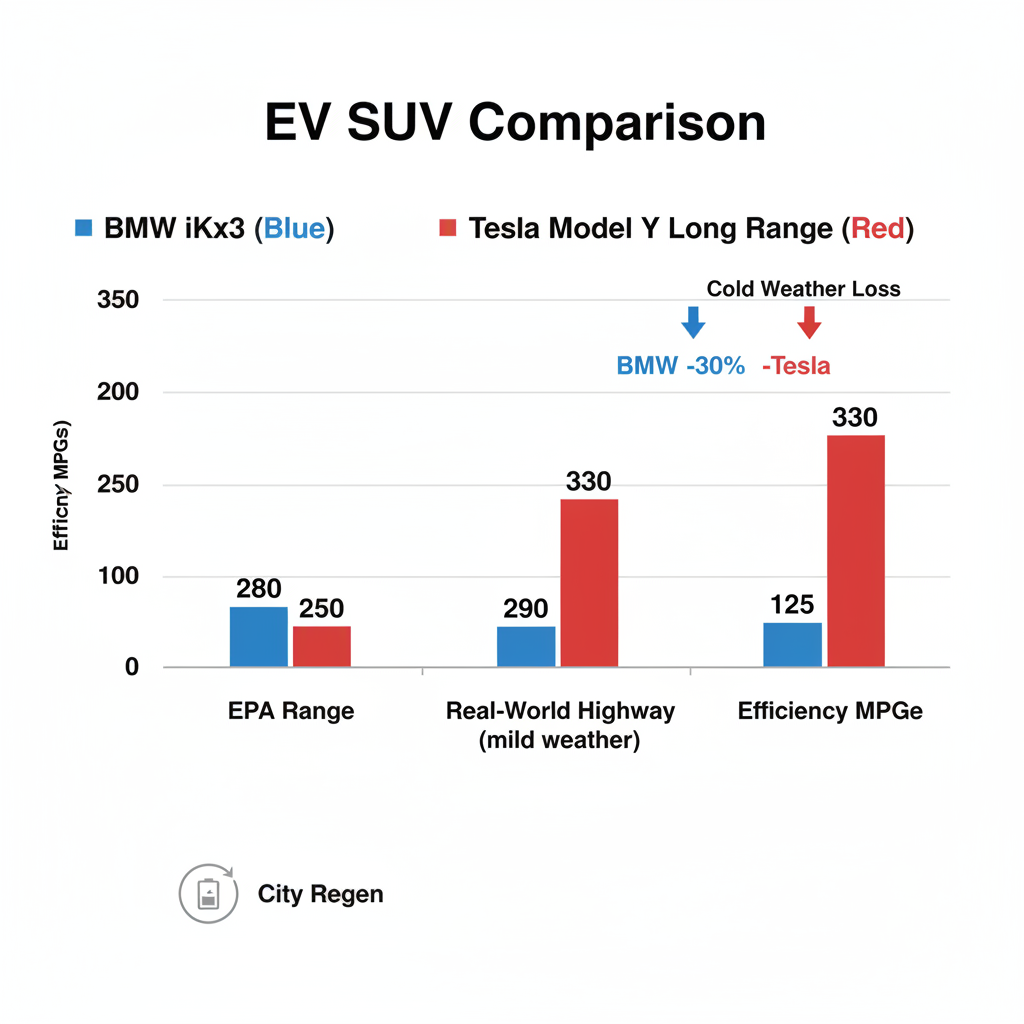 Bar chart diagram comparing EPA range, real-world range, efficiency, and cold weather impact for BMW iX3 vs Tesla Model Y.
