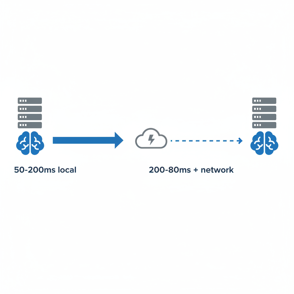 Diagram contrasting local inference latency (50-200ms) against cloud API latency (200-800ms plus network delay)