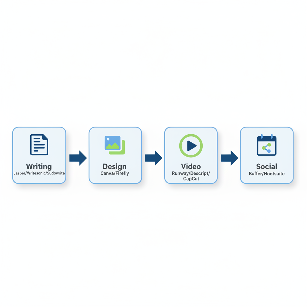 Flowchart diagram of an integrated AI content creation workflow from writing to social media posting.