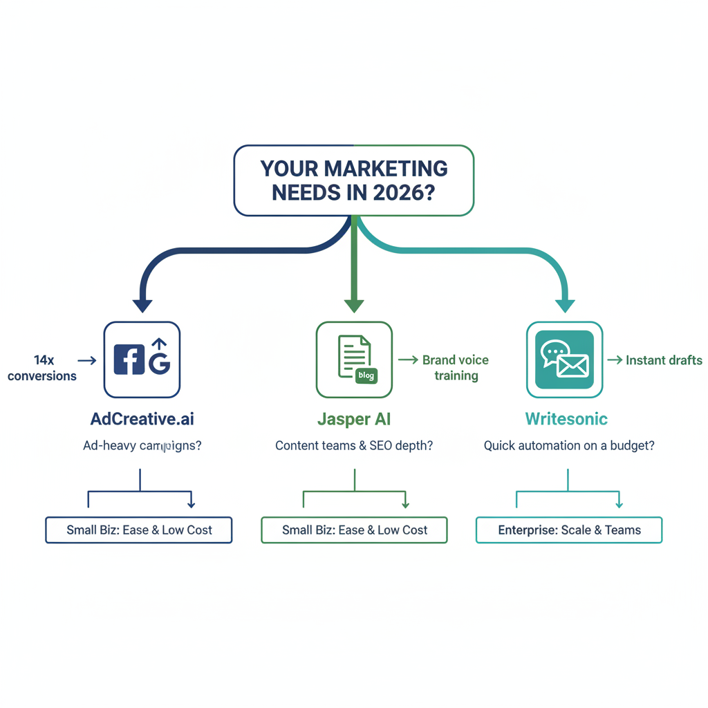 Decision tree diagram illustrating how to choose between AdCreative.ai, Jasper AI, and Writesonic based on marketing needs and business size.