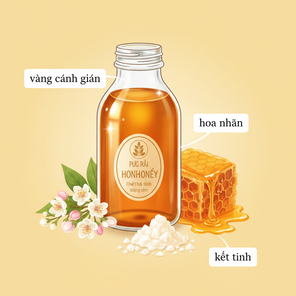 Minh họa chai mật ong hoa nhãn nguyên chất với màu sắc óng ánh, mùi hoa nhãn và hạt kết tinh tự nhiên