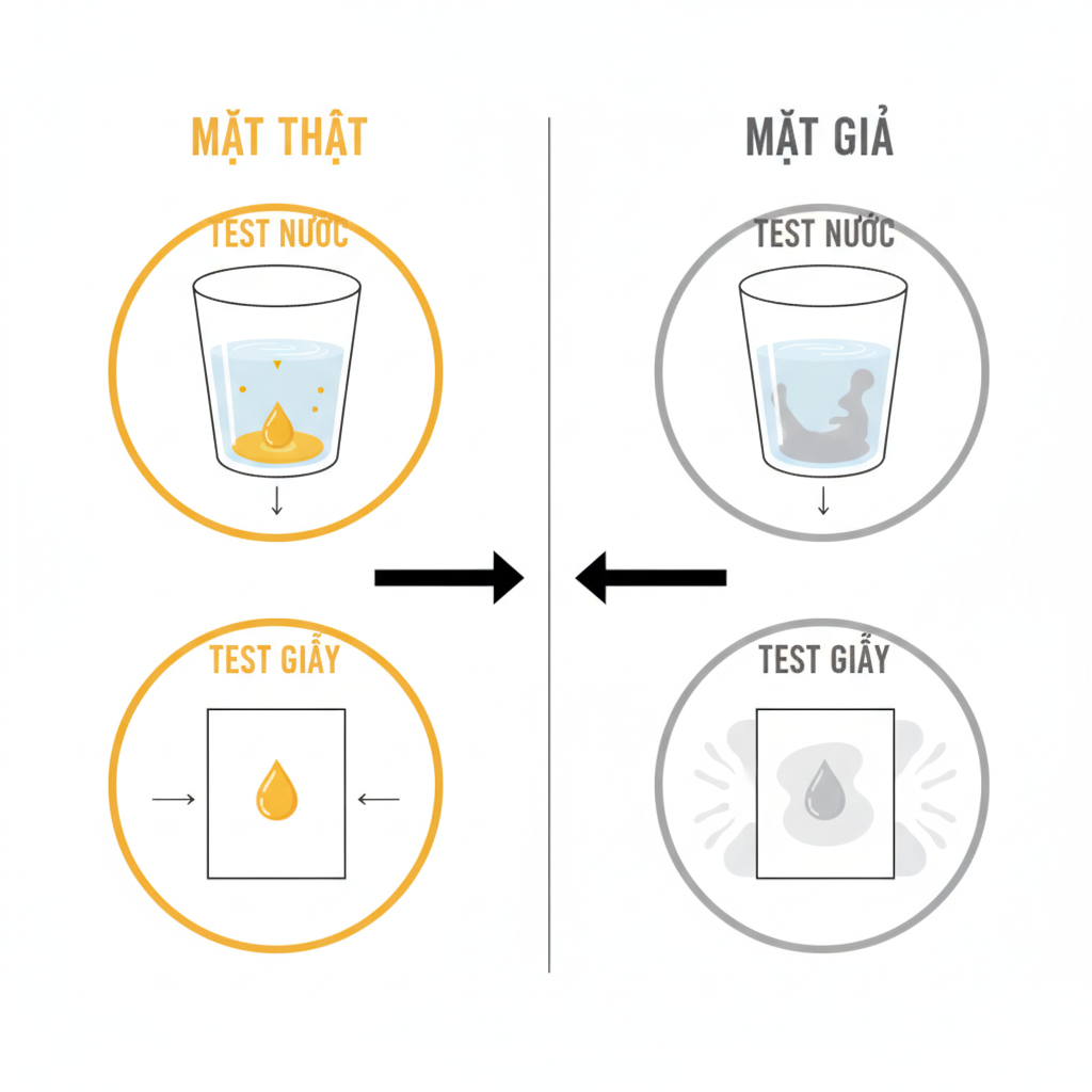 Sơ đồ so sánh test nước và test giấy thấm giữa mật ong thật và giả