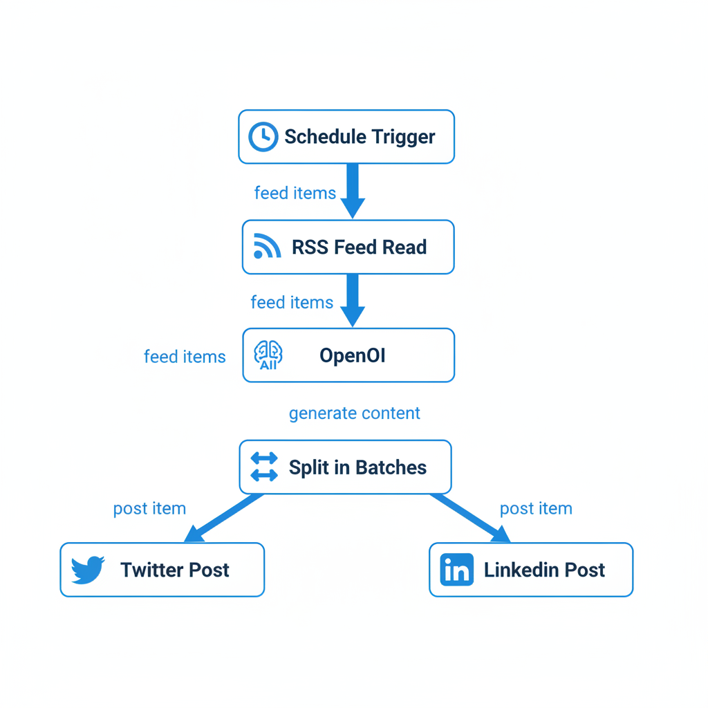 Flowchart diagram of the n8n workflow chaining RSS to AI generation to social posts.