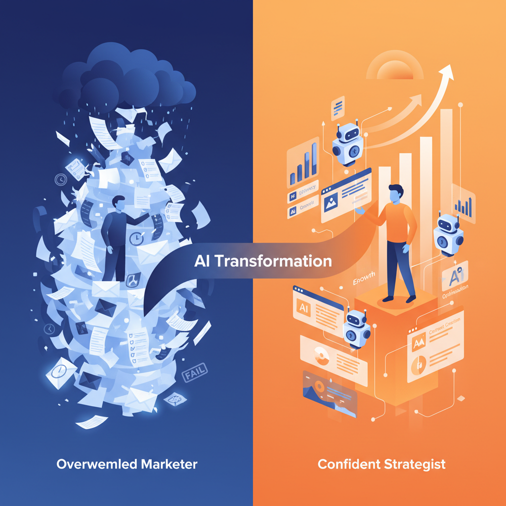 Conceptual illustration contrasting overwhelmed manual marketing workflow with efficient AI-powered automation.