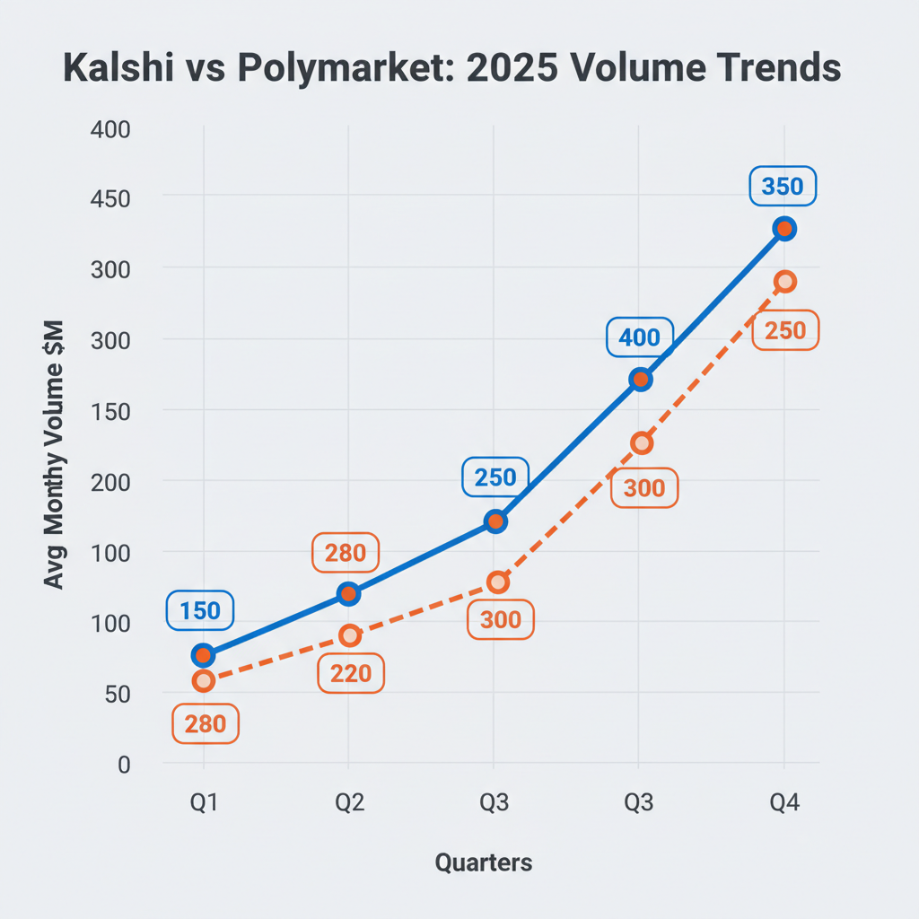 Line chart illustrating Kalshi overtaking Polymarket in average monthly trading volumes by quarter throughout 2025.
