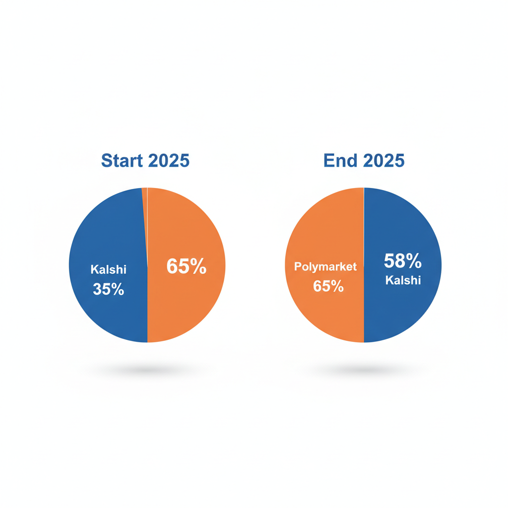 Side-by-side pie charts depicting the shift in overall market share from Polymarket-dominant (65%) at the start of 2025 to Kalshi-dominant (58%) at year-end.