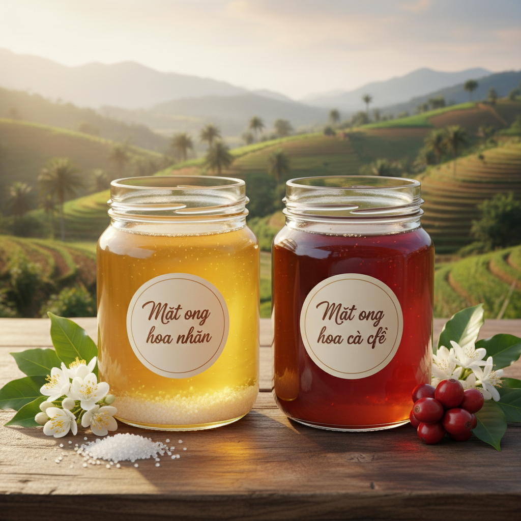 Hình minh họa hai lọ mật ong hoa nhãn (vàng nhạt, kết tinh) và mật ong hoa cà phê (nâu đỏ, lỏng) đặt cạnh nhau