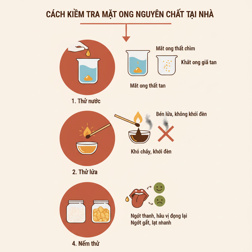 Sơ đồ 4 bước kiểm tra mật ong nguyên chất tại nhà