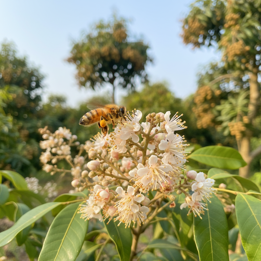 Hình minh họa ong mật hút phấn từ hoa nhãn trong vườn.