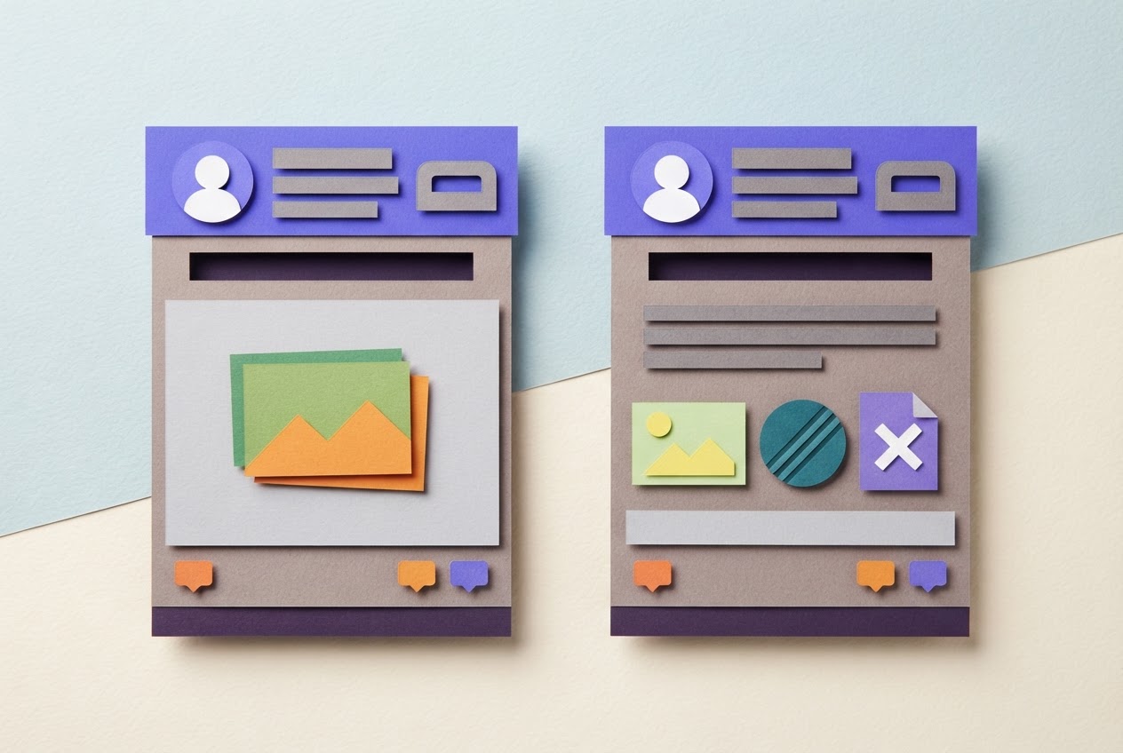 Two launch posts side by side, one with one image and one with four media items.