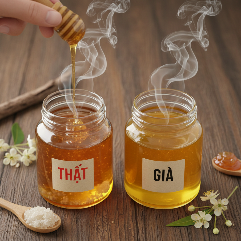 Minh họa so sánh đặc điểm mật ong hoa nhãn nguyên chất và mật giả về màu sắc, kết tinh và độ dai.