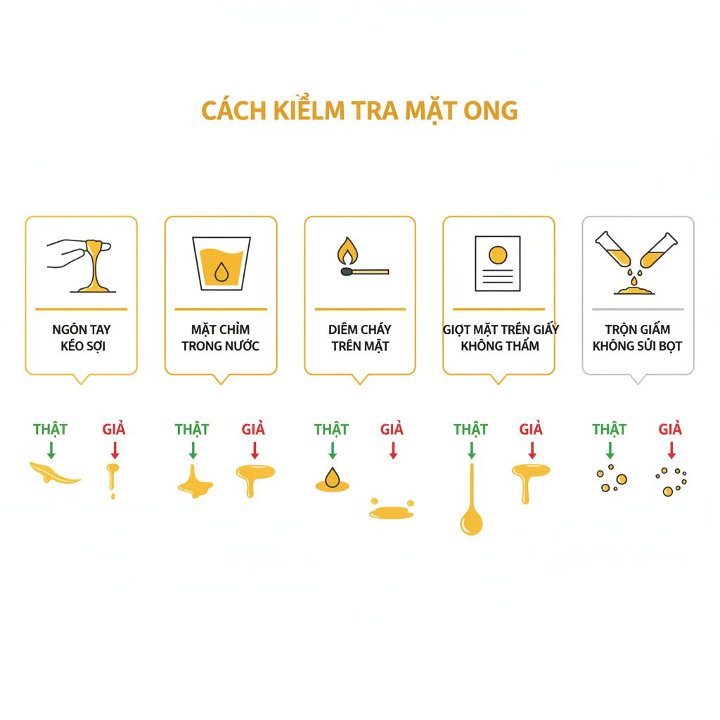 Sơ đồ 5 cách kiểm tra mật ong thật giả tại nhà với hình ảnh minh họa từng bước.