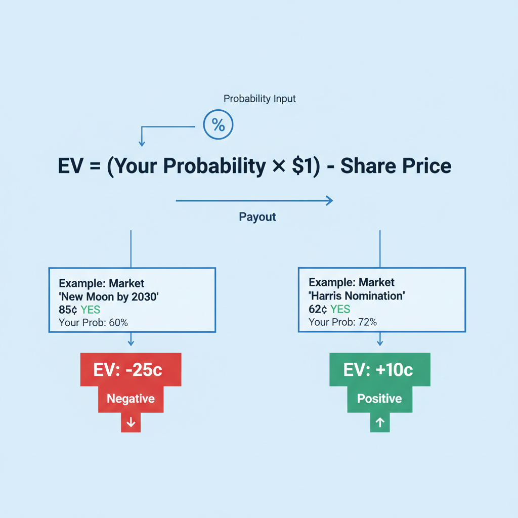 Diagram showing EV formula and calculation example for prediction market shares