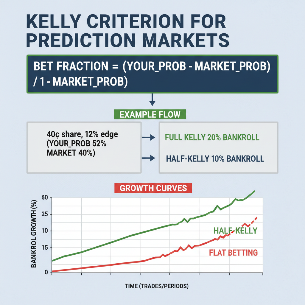 Diagram of Kelly bet sizing formula with example and growth comparison