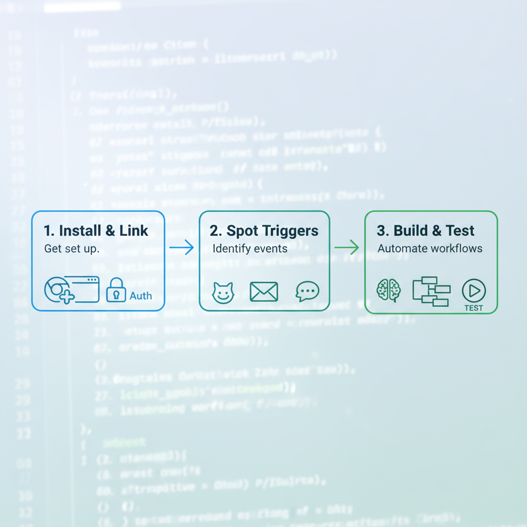 Flowchart diagram of the three steps to integrate Bardeen and Zapier into a developer's daily workflow.