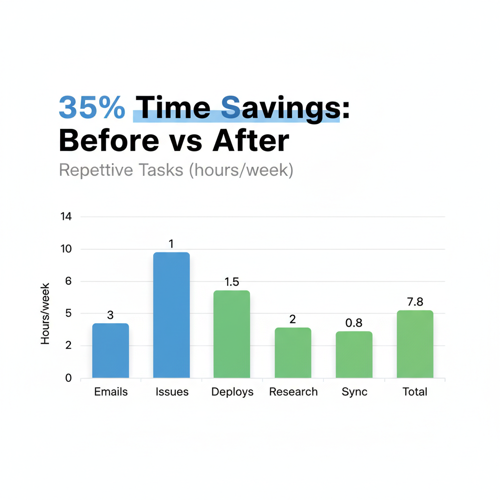 Bar chart comparing time spent on developer tasks before and after AI automation, showing 35% overall savings.