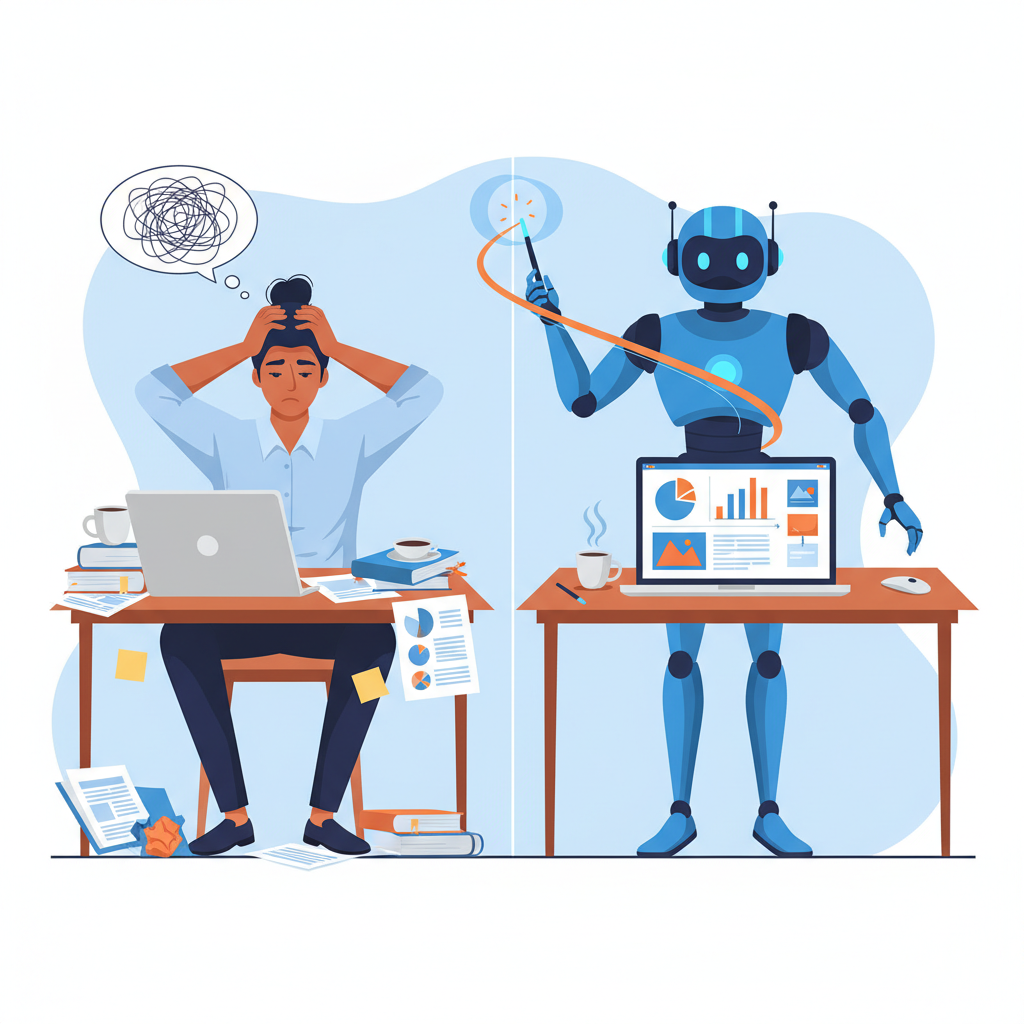 Illustration showing AI presentation tool transforming scattered notes and chaos into a polished professional slide deck