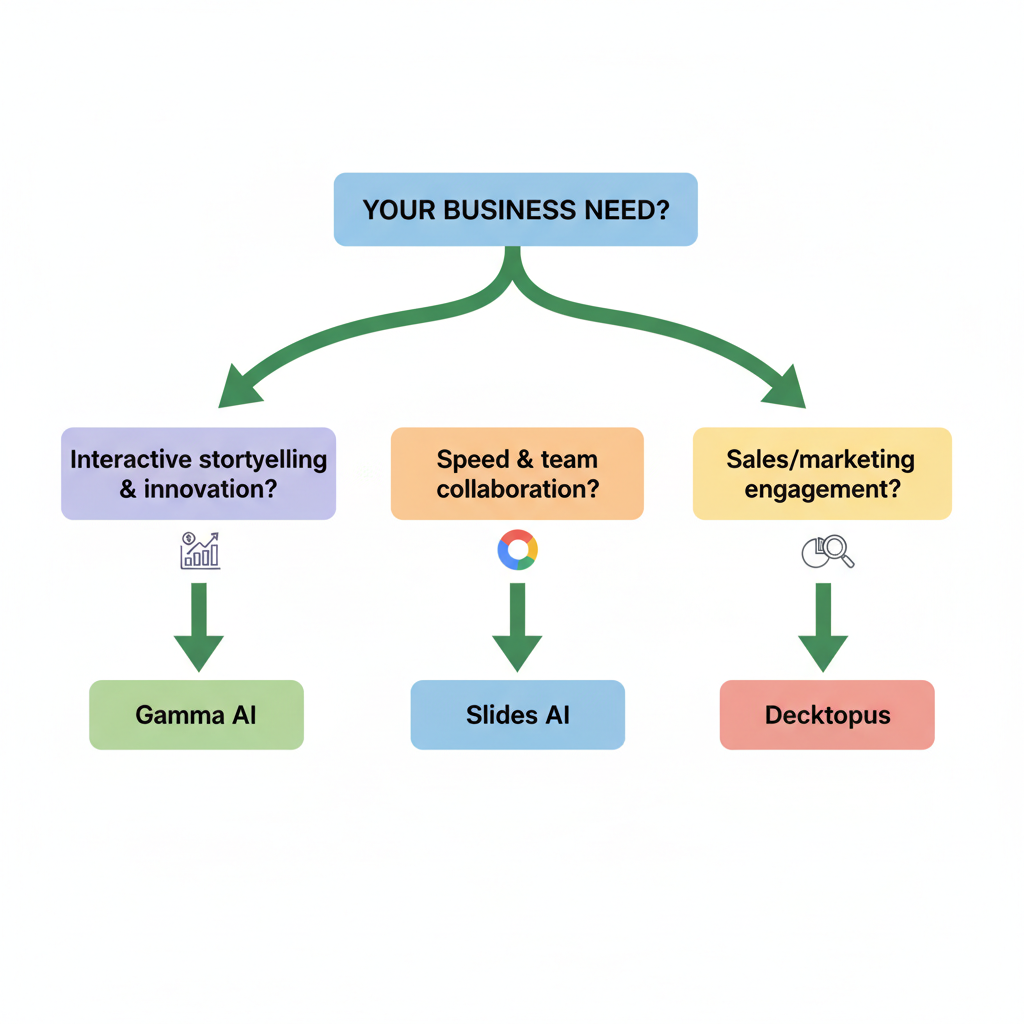 Decision tree diagram for selecting the best AI presentation tool