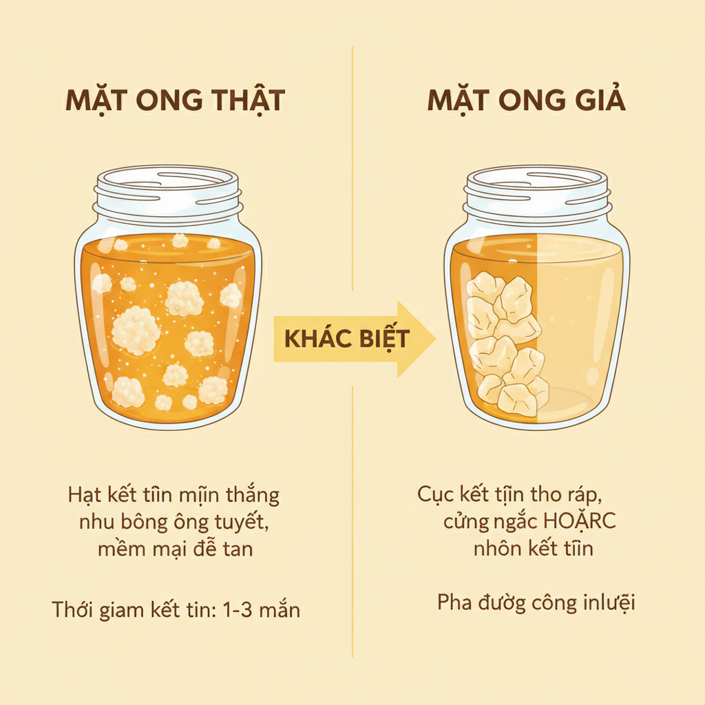 Sơ đồ so sánh kết tinh của mật ong hoa nhãn thật và giả