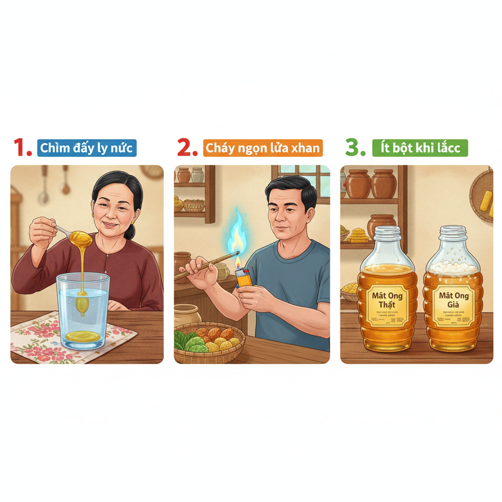 Minh họa ba cách kiểm tra mật ong thật giả tại nhà: thử nước, thử lửa, thử lắc