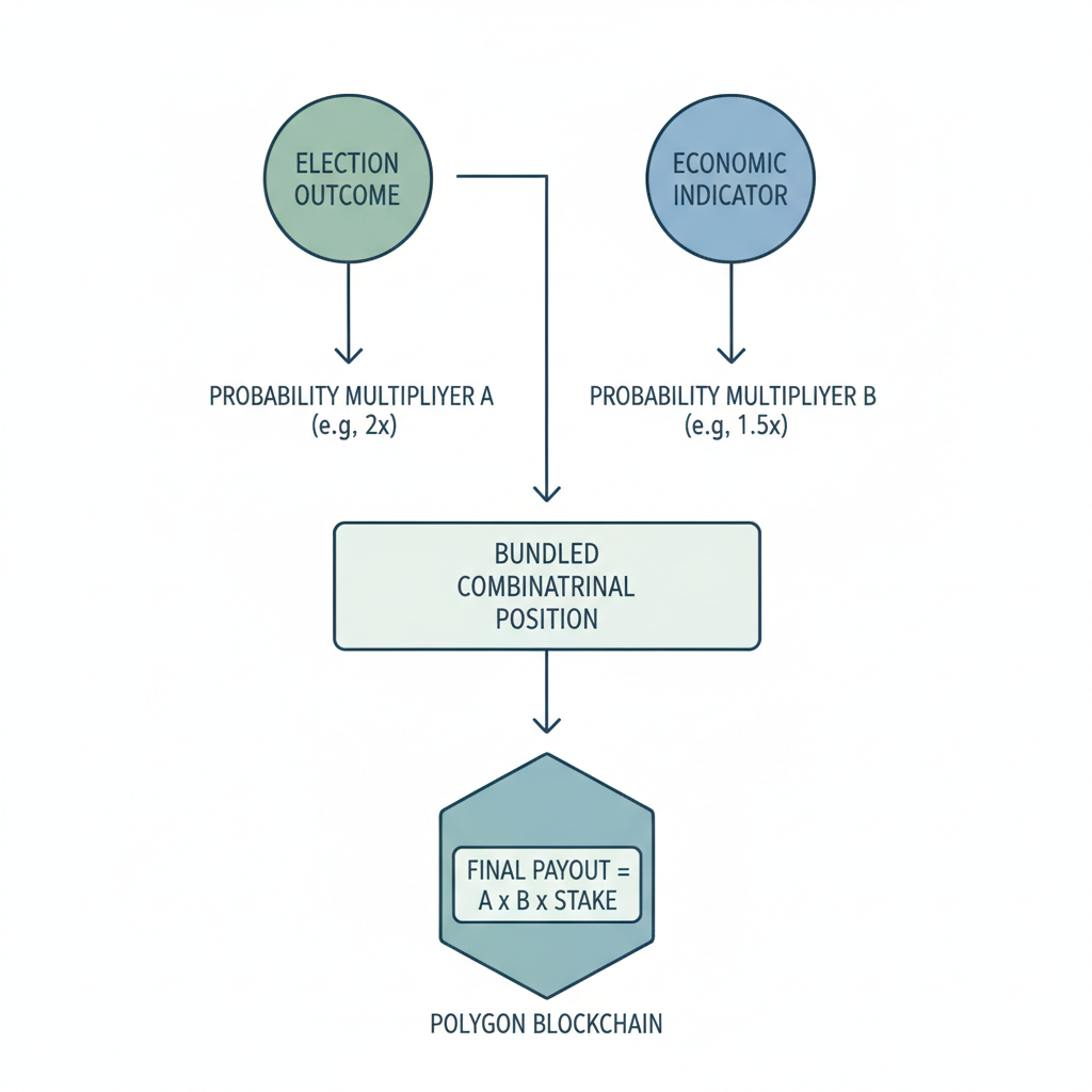Diagram illustrating how two independent markets combine into one fully collateralized combinatorial position on Polymarket