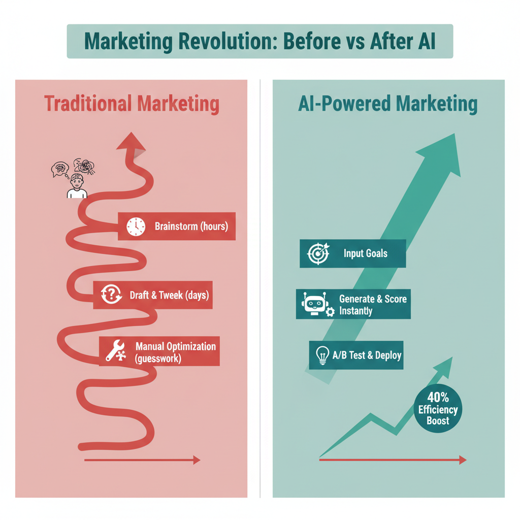 Side-by-side flowchart diagram contrasting traditional slow marketing workflow with efficient AI-powered workflow
