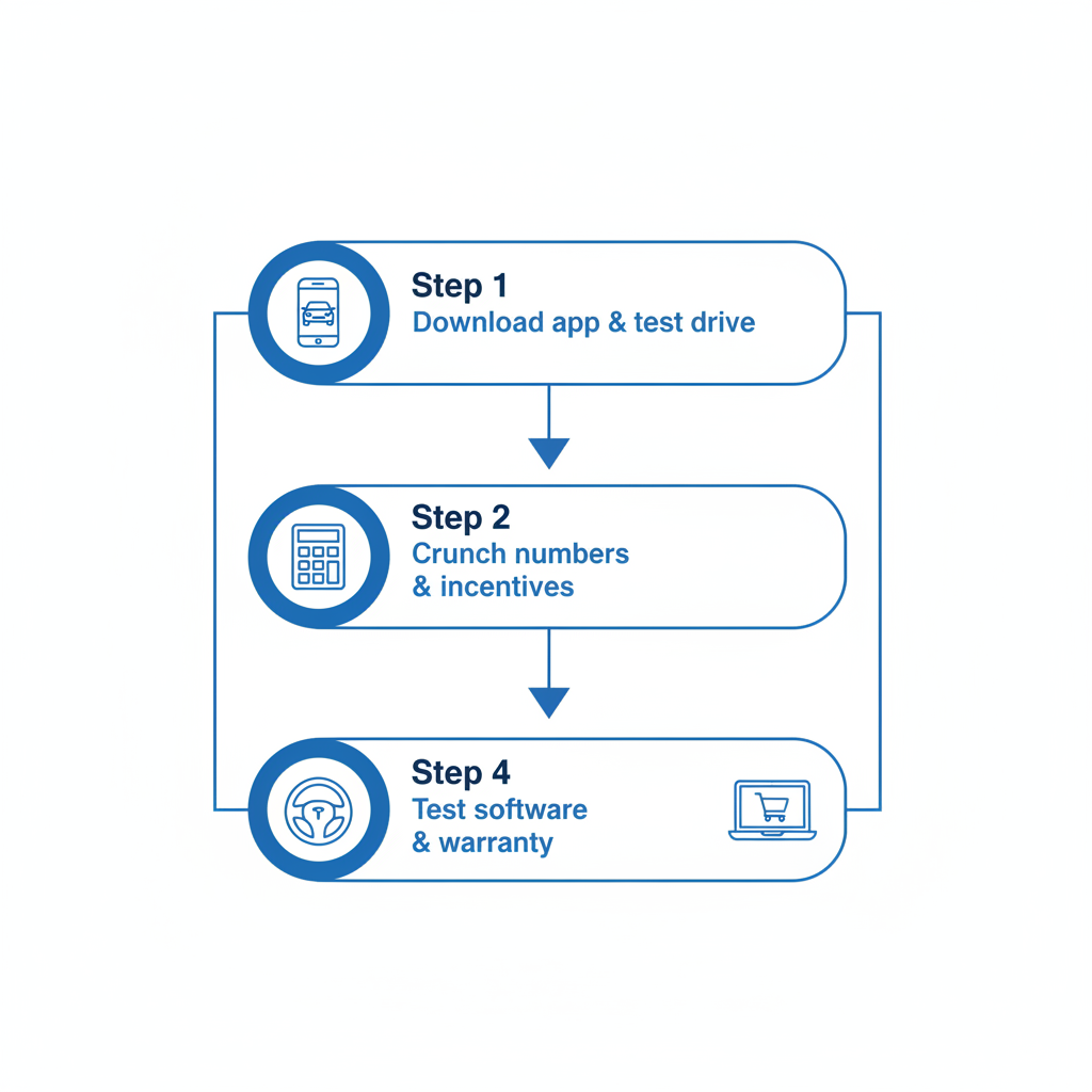 Flowchart diagram outlining the four steps to purchase a 2025 Tesla Model 3.