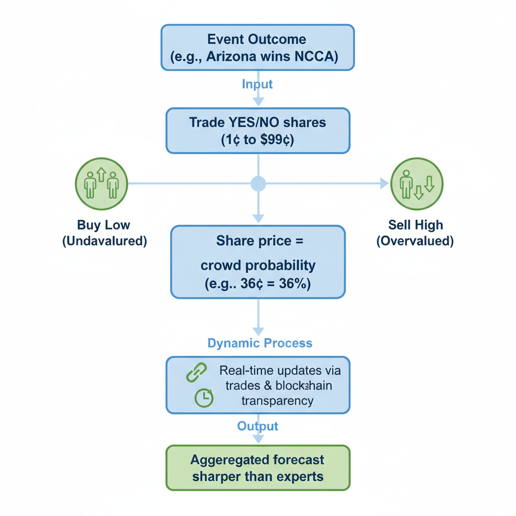 Flowchart diagram illustrating the prediction market mechanism from trading shares to real-time probability aggregation.