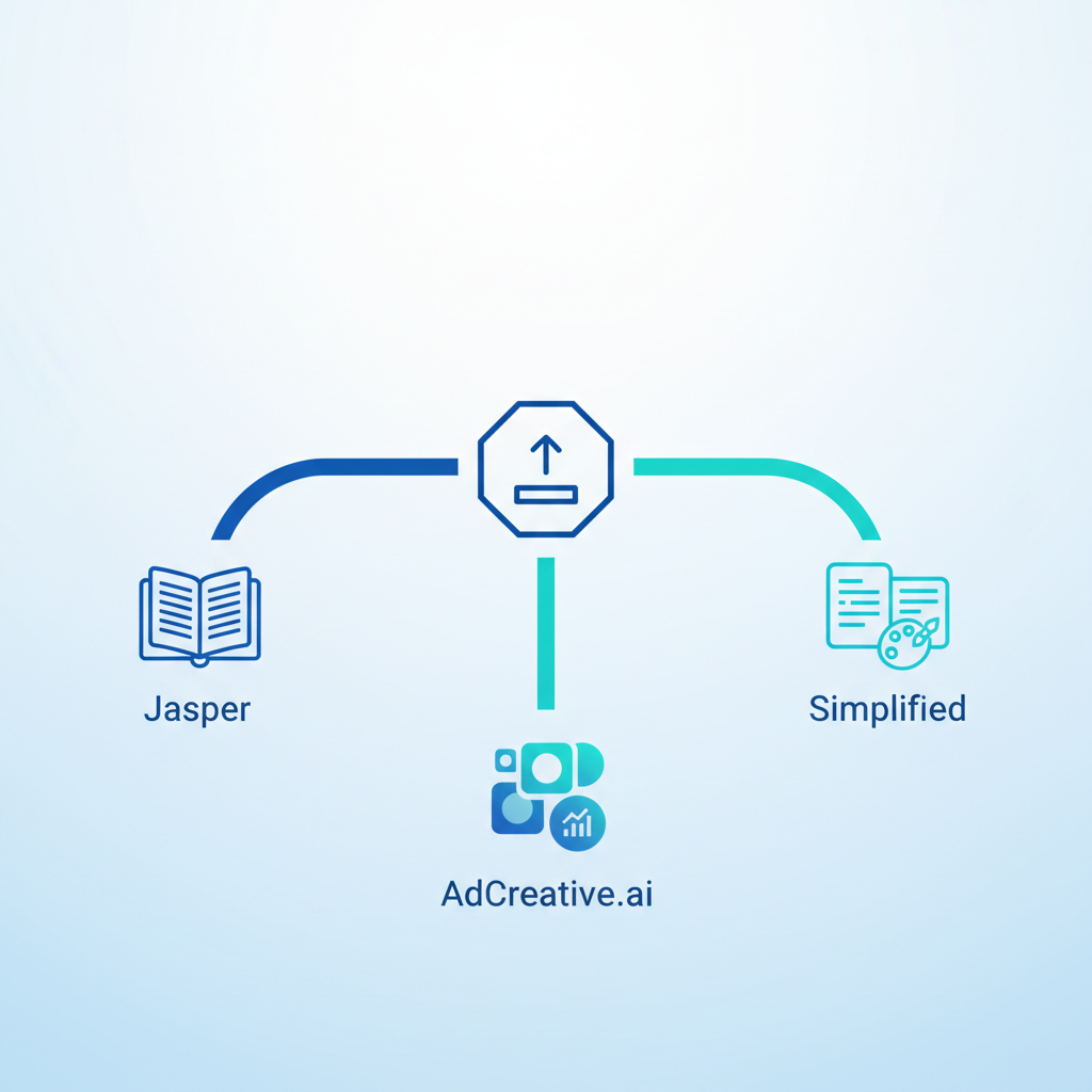 Two diverging paths from a marketing dashboard representing Jasper for text and AdCreative.ai for ads