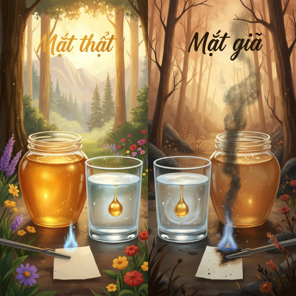 So sánh hình ảnh mật ong rừng nguyên chất và mật ong giả qua các thử nghiệm