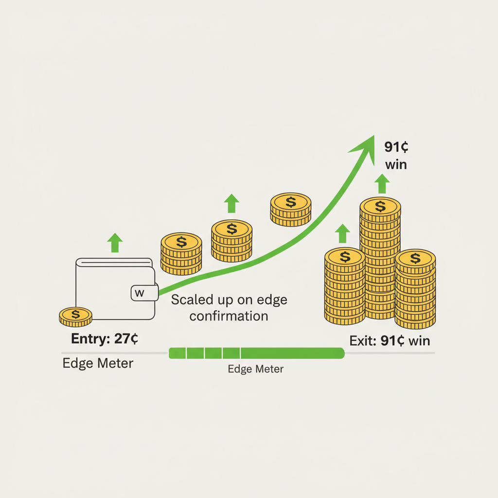 Illustration showing how top wallets scale positions from 27¢ entry to 91¢ exit.