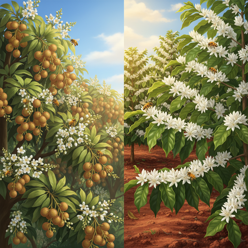 Minh họa ong lấy mật từ hoa nhãn miền Bắc và hoa cà phê Tây Nguyên.