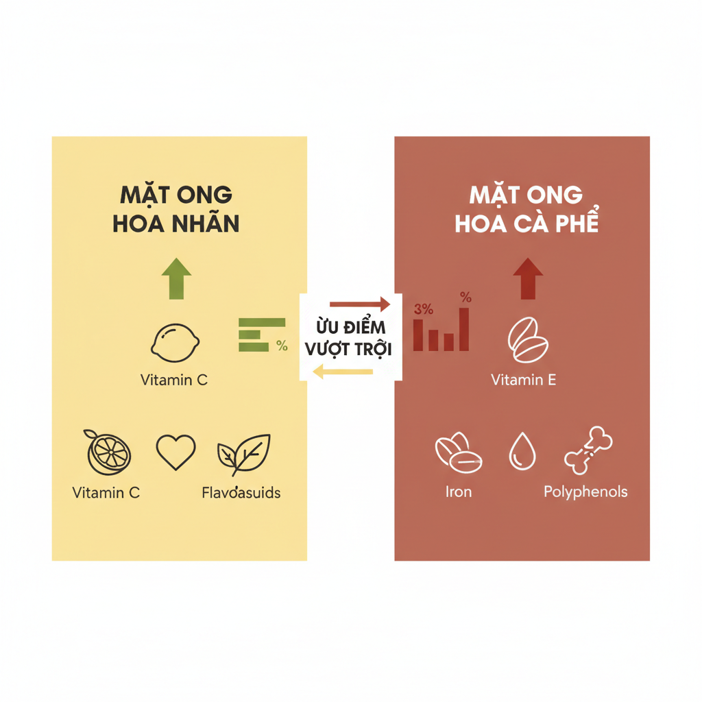 Sơ đồ infographic so sánh dinh dưỡng chính giữa mật ong hoa nhãn và hoa cà phê.