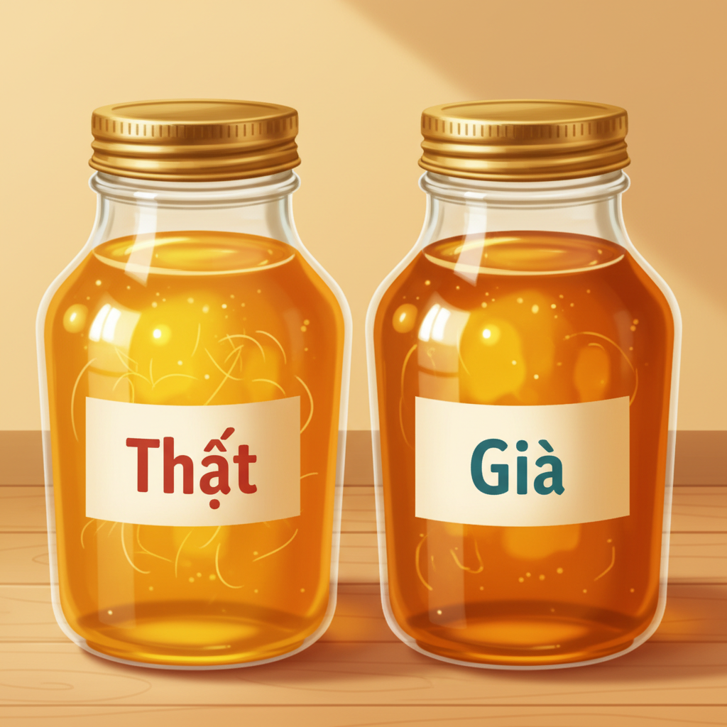 So sánh màu sắc mật ong hoa nhãn nguyên chất (vàng hổ phách óng ánh) và mật giả (đục ngầu).