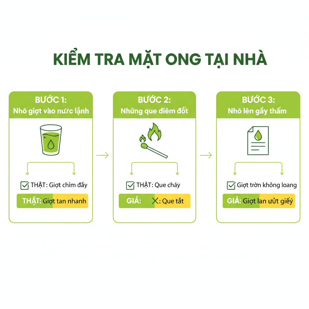 Sơ đồ ba bước kiểm tra mật ong nguyên chất tại nhà: test nước, que diêm, giấy thấm.