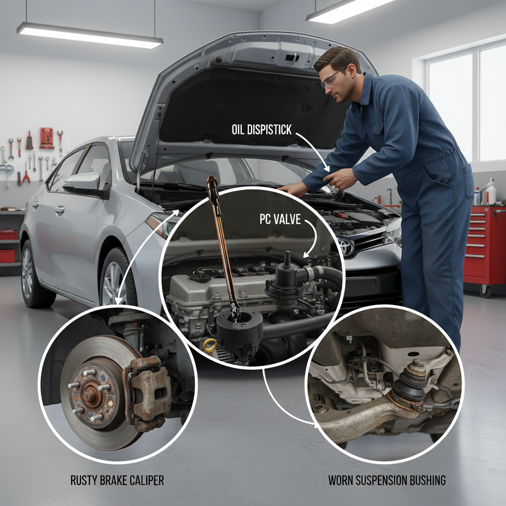 Illustration of a mechanic inspecting common issues on a Toyota Corolla: oil check in engine, rusty brakes, and suspension bushings.