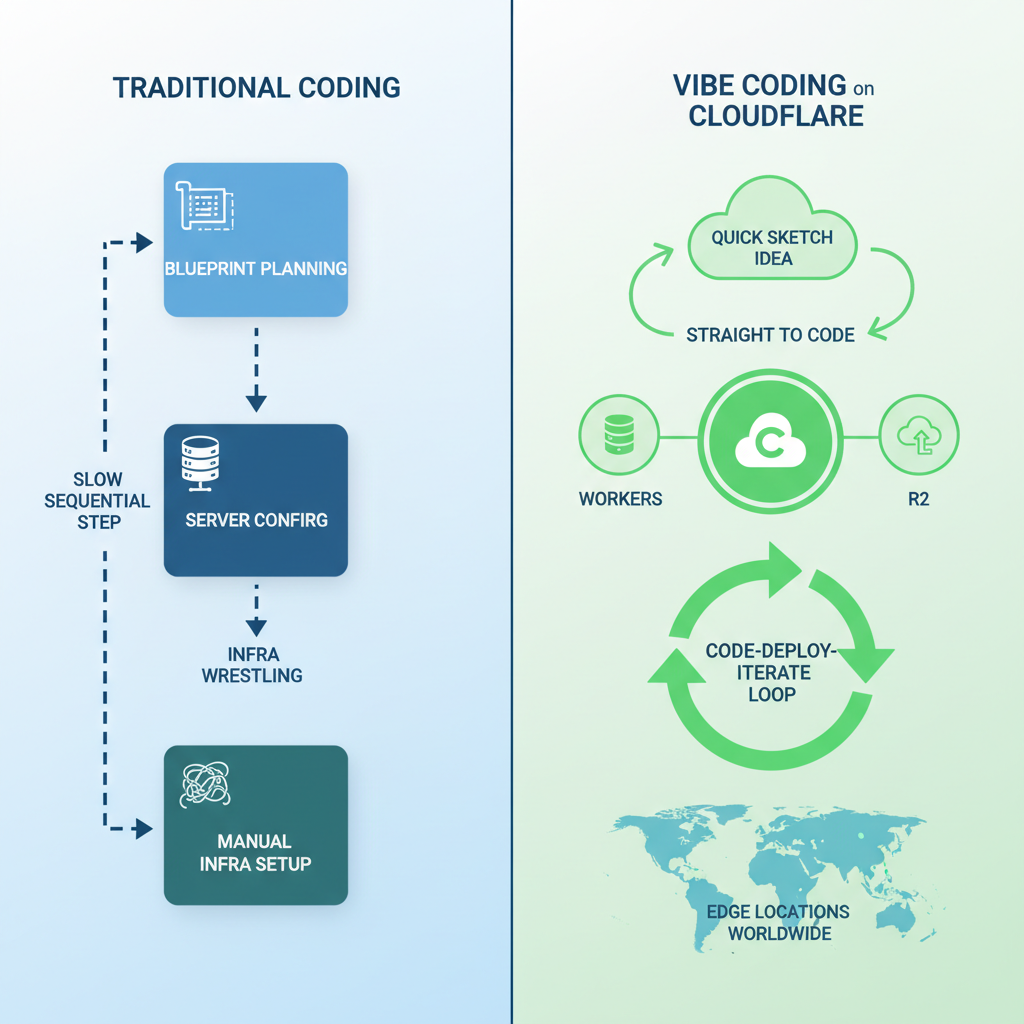 Diagram comparing traditional coding process (slow, blueprint-heavy) to vibe coding on Cloudflare (fast, iterative with serverless tools).