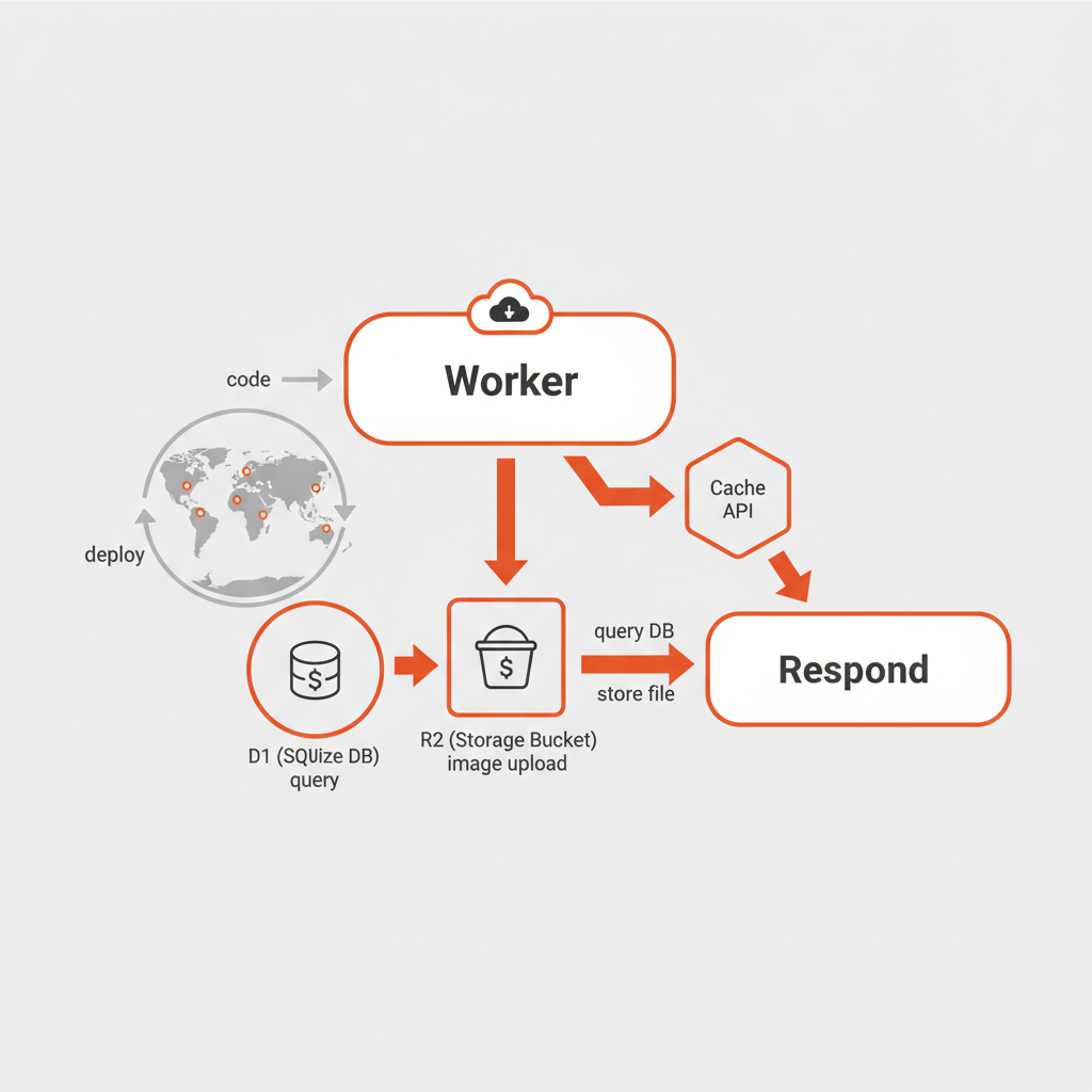 Flow diagram of data handling in a Cloudflare Worker prototype using D1, R2, and caching.