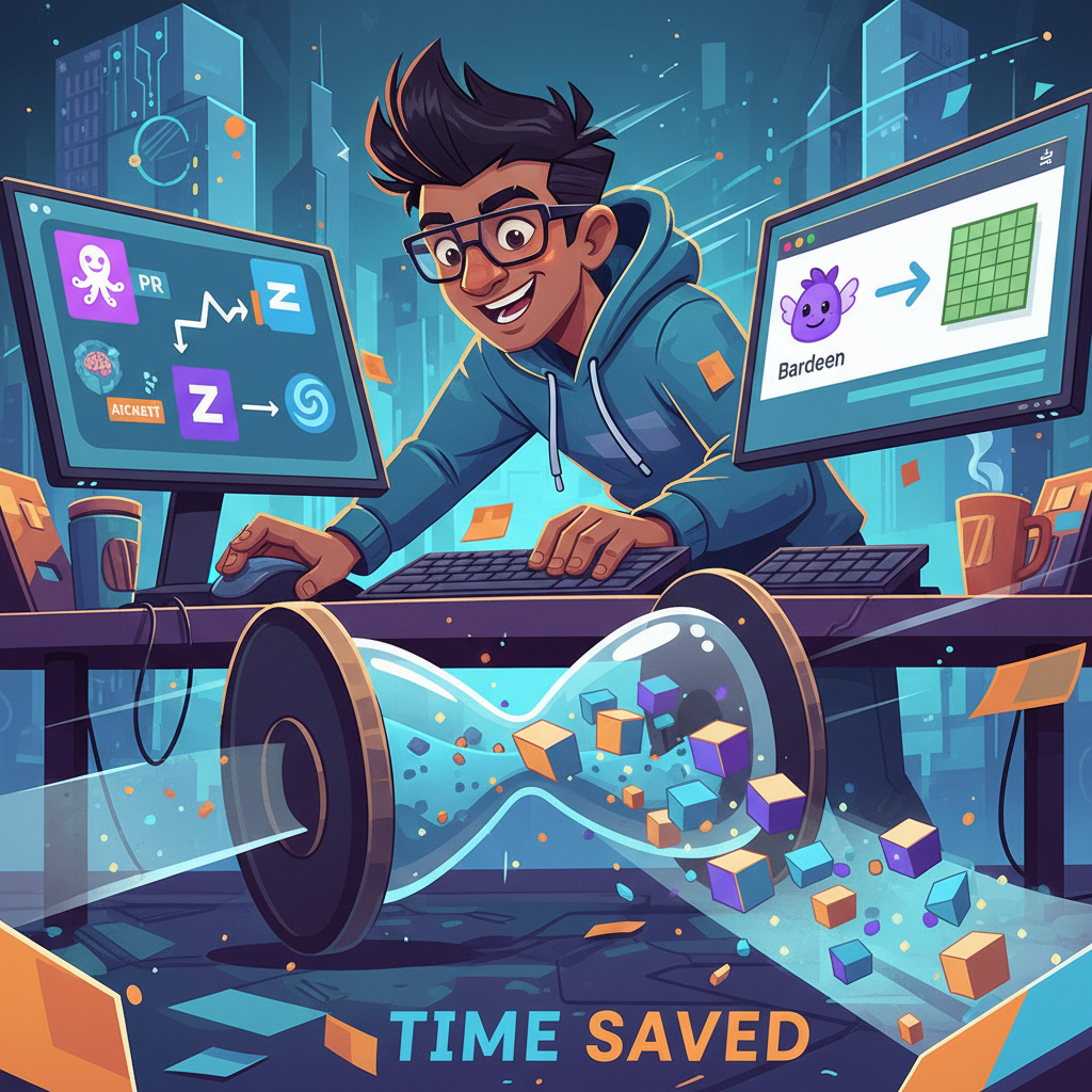 Illustration depicting real-world automation examples with Bardeen and Zapier saving developer time.