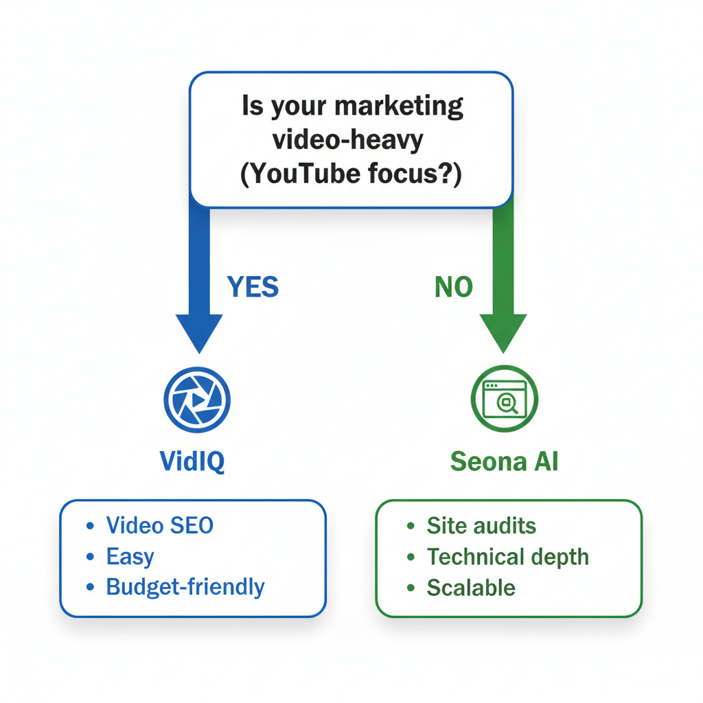 Decision tree diagram comparing VidIQ and Seona AI based on video vs site-wide SEO focus