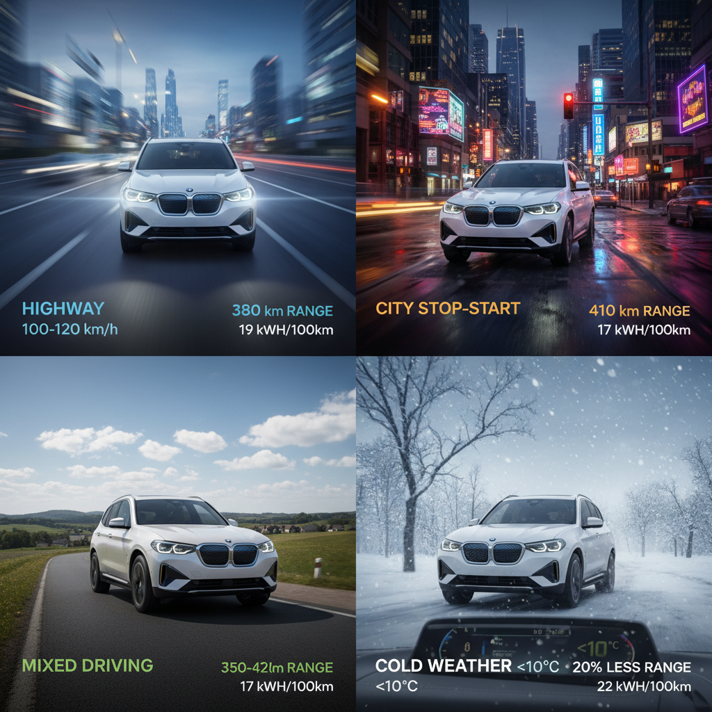 BMW iX3 shown in highway, city, mixed, and cold weather driving scenarios with corresponding real-world range estimates.