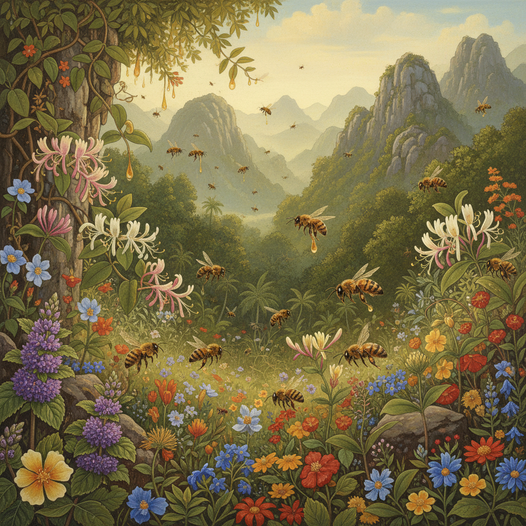 Minh họa đàn ong rừng hút mật từ hoa dại trên núi Việt Nam