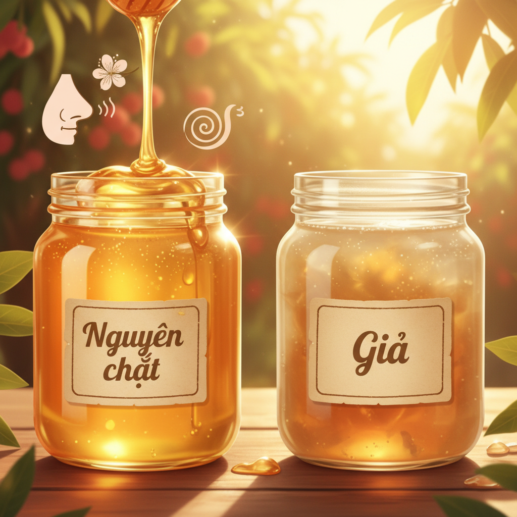 Minh họa so sánh đặc điểm ngoại quan mật ong hoa nhãn nguyên chất và giả