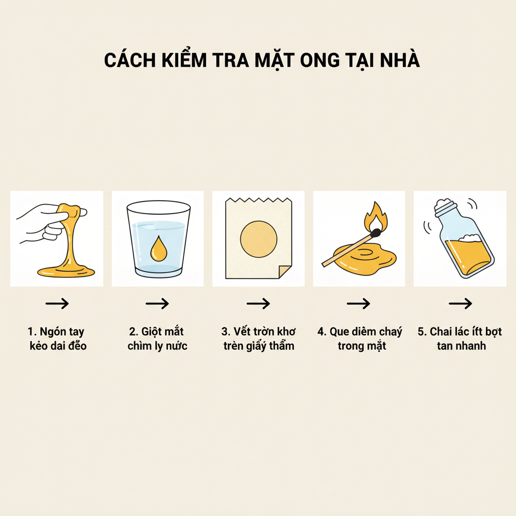 Sơ đồ minh họa 5 cách kiểm tra mật ong nguyên chất tại nhà