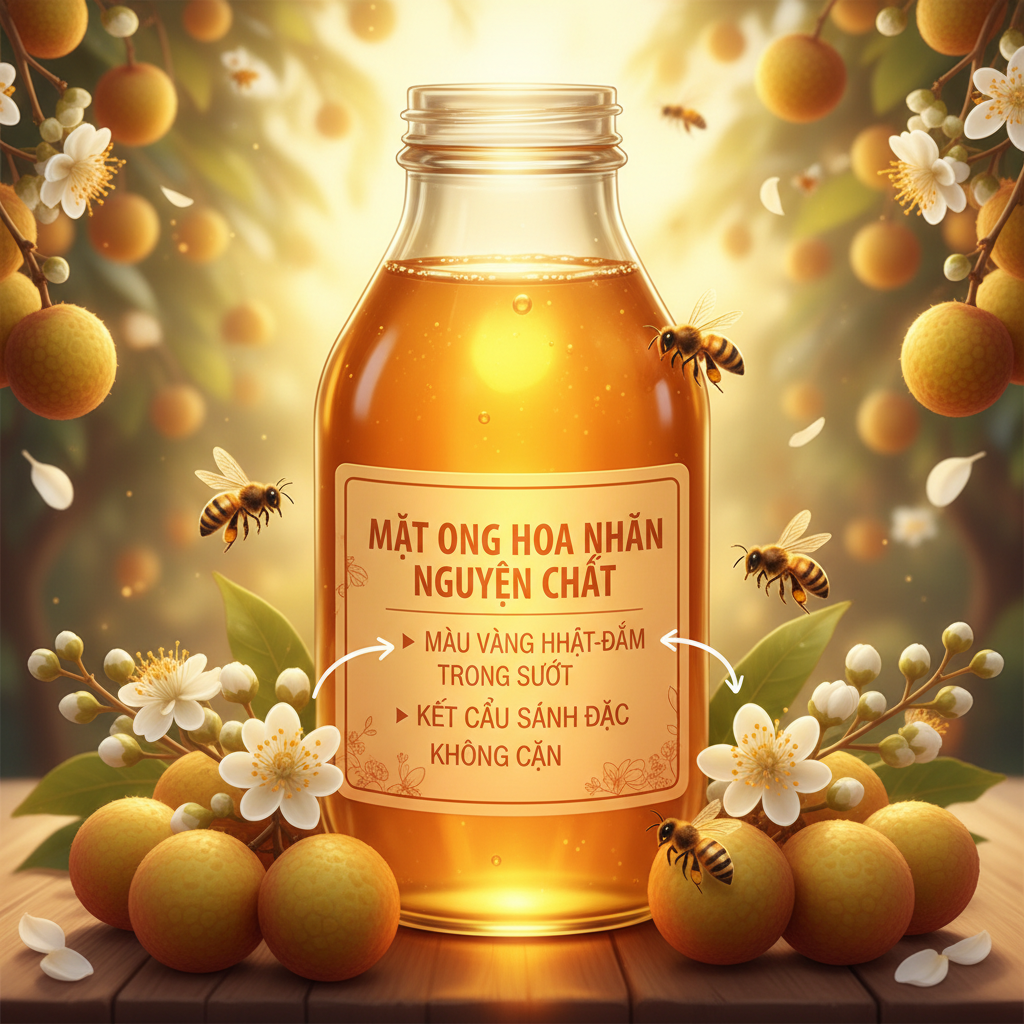 Minh họa chai mật ong hoa nhãn nguyên chất với các đặc điểm nổi bật như màu sắc, kết cấu.