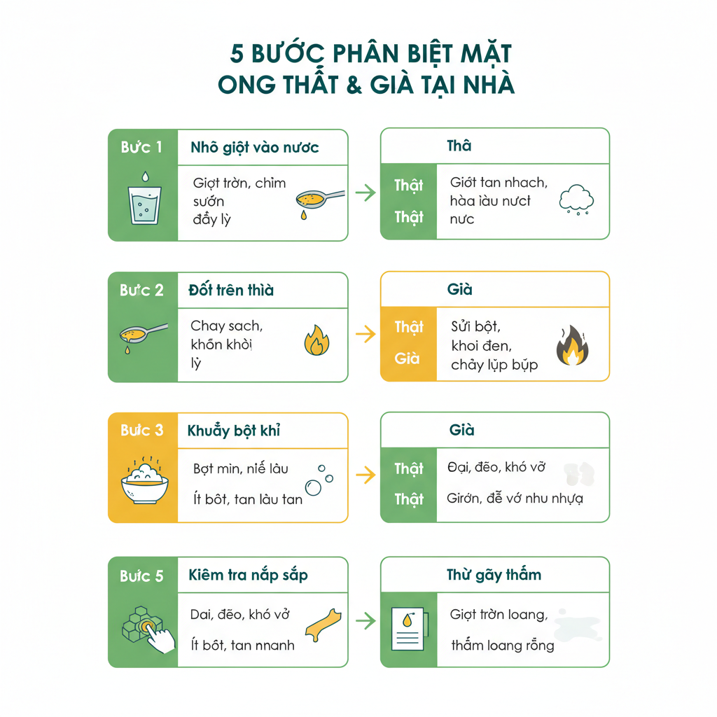 Sơ đồ 5 bước kiểm tra mật ong thật giả tại nhà.