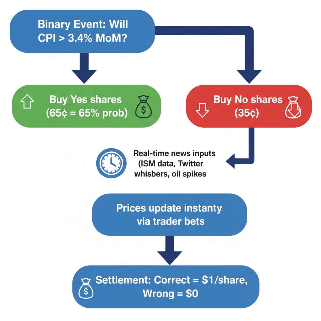 Flowchart diagram showing Kalshi's yes/no share trading process, real-time updates from news, and settlement payout.